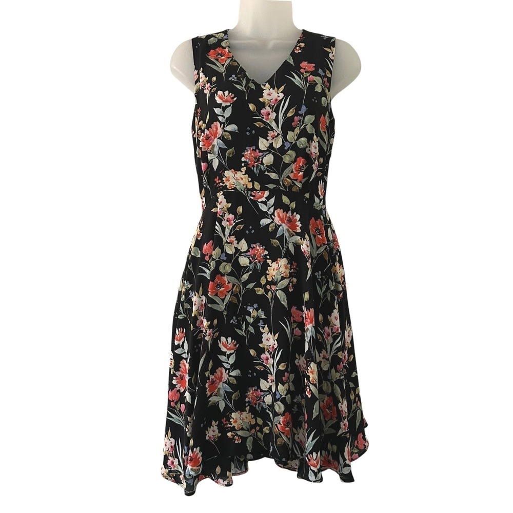 Rose & Olive Women's Fit & Flare Black Floral Sleeveless V-Neck Midi Dress XS